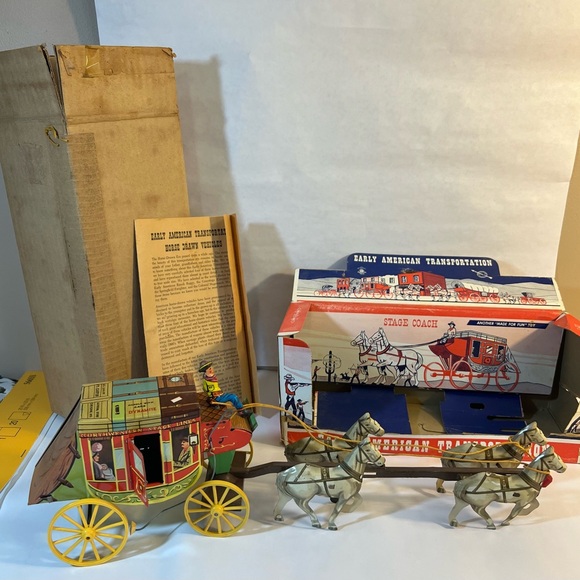 Vintage tin toy Northwestern Stage coach with horses , box and brochure. - Picture 2 of 14